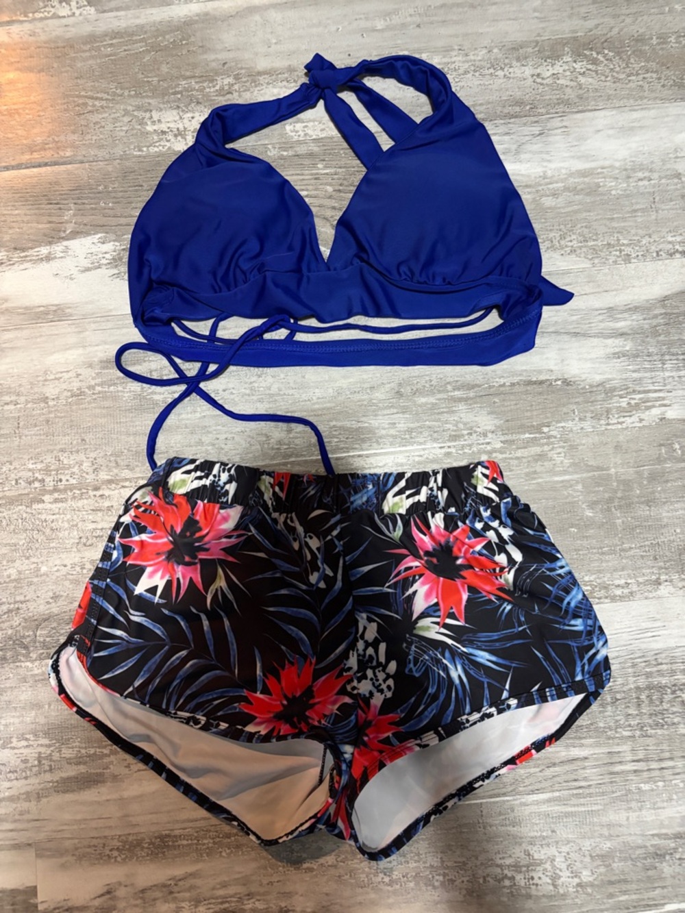 SHEIN Royal Blue Halter Bikini Top with Black Tropical Floral Swim Shorts